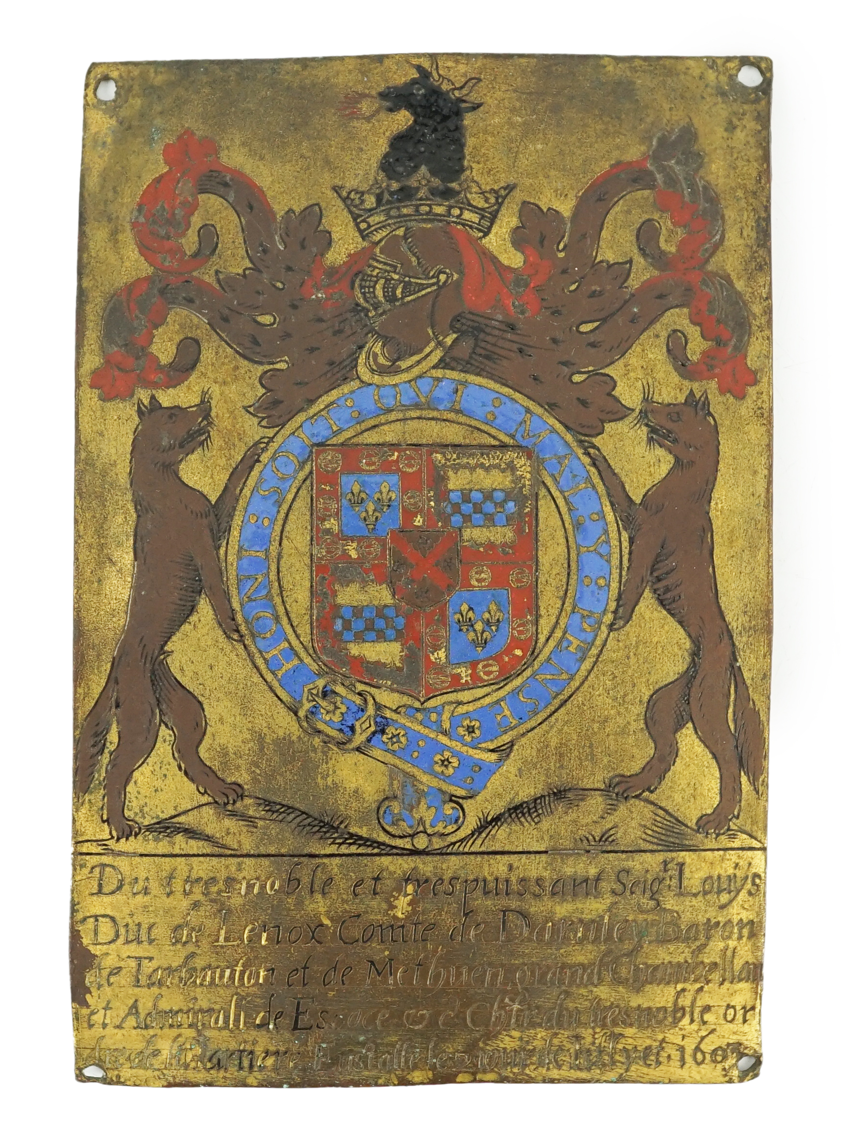 A James I enamelled brass garter stall plate, dated 1603 with the arms of Esmé Stewart, 3rd Duke of Lennox (1579-1624)